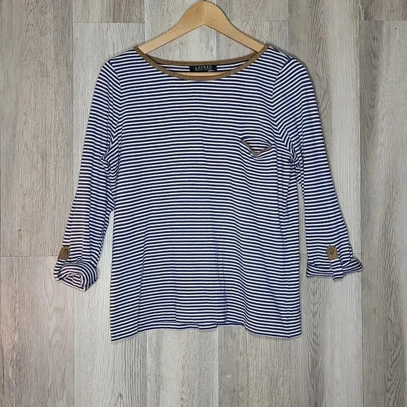 Lauren Ralph Lauren Blue White‎ Stripe Roll Tab Sleeve Casual Womens Size Large - Picture 1 of 10